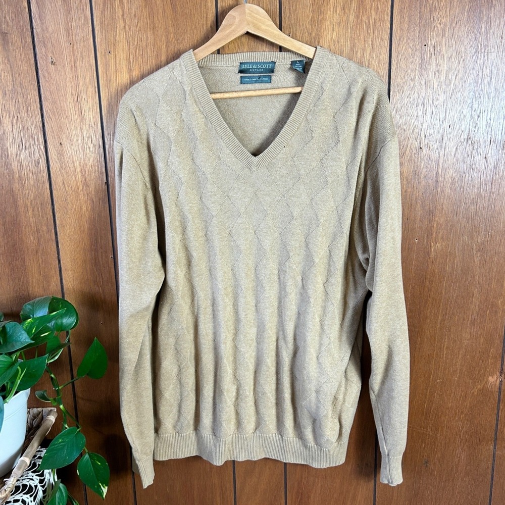 Vintage Lyle Scott Scotland Mens Large V Neck Argyle Sweater 100% Combed Cotton‎